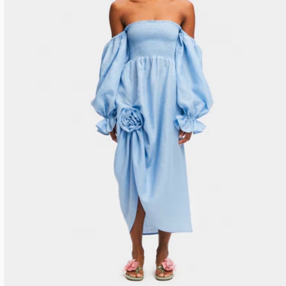 Sleepers - Atlanta Blue Linen with rose detail Elegant Blue Off-Shoulder Dress